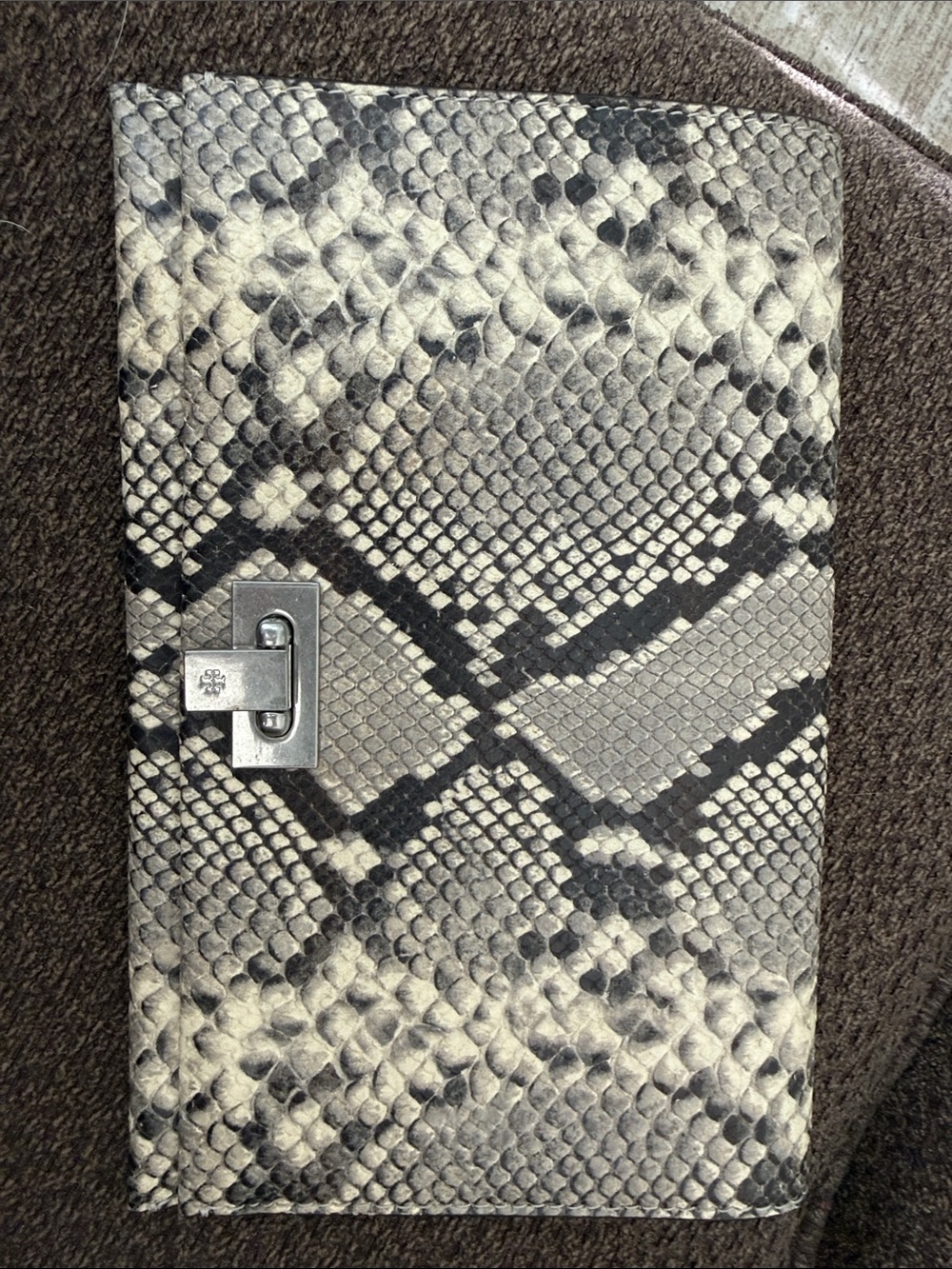 Tory Burch Python-Pattern Turn-Lock Clutch in Black and Cream